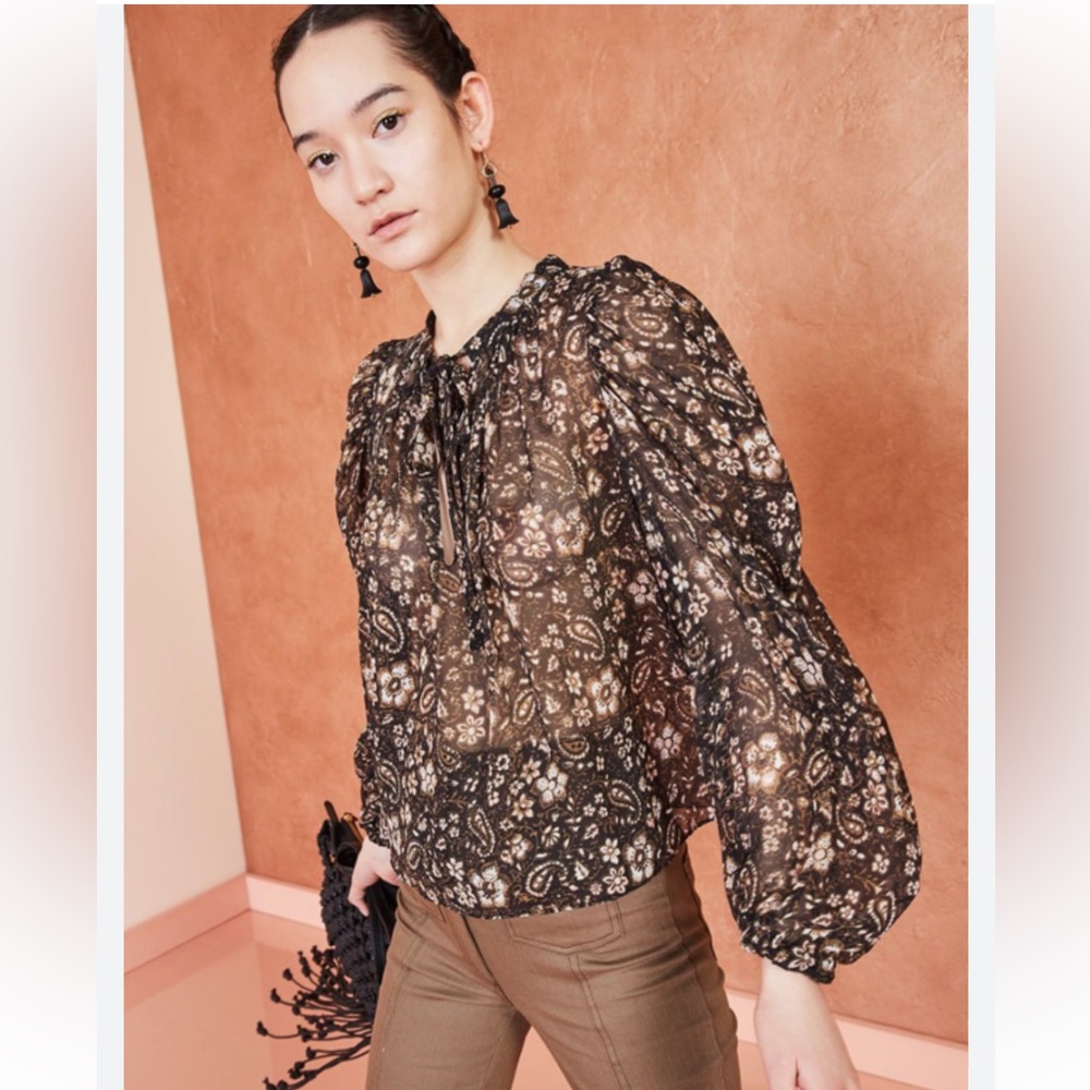 Ulla Johnson 100% Silk Brown Paisley Tie Neck Puff Sleeve Blouse Size 6